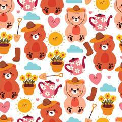 Fototapeta premium seamless pattern cute cartoon bear with flower and water pot. cute animal drawing for spring wallpaper and background