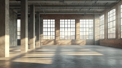 Naklejka premium A spacious, open, industrial-style loft with exposed concrete and brick walls, large windows, and a concrete floor.