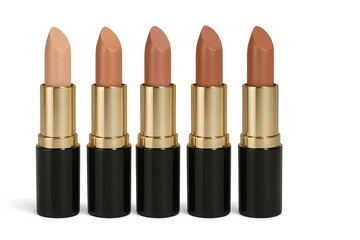 Obraz premium Five lipsticks in varying nude shades with gold accents on the packaging, arranged in a row. Concept Nude Lipstick Collection, Elegant Gold Packaging, Beauty Product Photography, Makeup Flat Lay