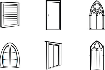 Assortment of door and window styles in black and white outline format