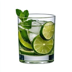 Fototapeta premium Icy mojito mocktail with lime and mint, clean glass, isolated on white background