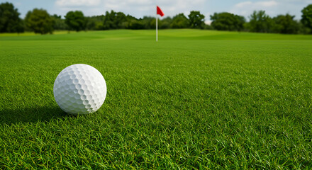 Obraz premium Golf course, Grass, Fairway, Golf Ball on Green with Flag in Background