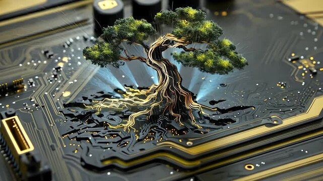Digital circuit board with embedded bonsai tree.