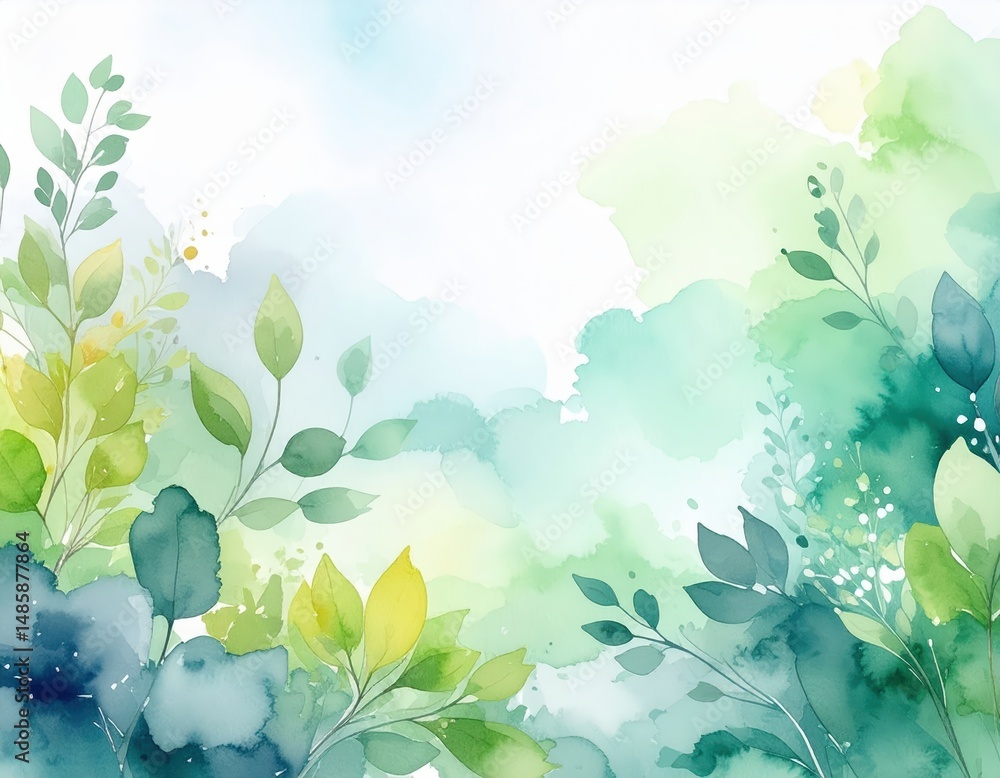 Poster a vibrant watercolor background featuring an array of lush green leaves in various shapes and sizes,
