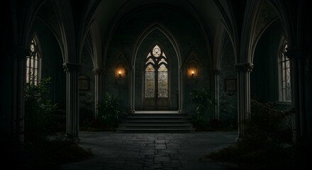 Corridor, Architecture, Greenery, Gothic Hallway with Stained Glass Window and Plants