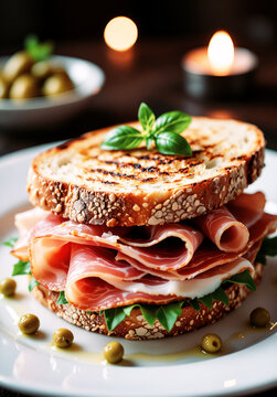 Immagine ravvicinata con sfizioso spuntino, pane con affetato e olive servito su piatto bianco