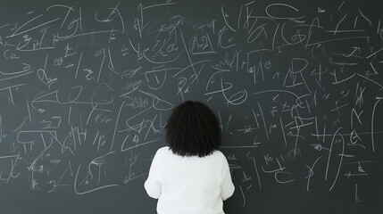Person standing in front of a chalkboard filled with complex mathematical formulas, thinking and solving scientific equations.