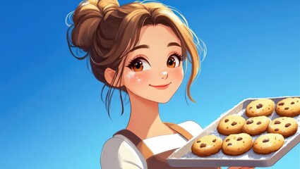 Woman Baking Homemade Cookies with Baking Tray on Sunny Day