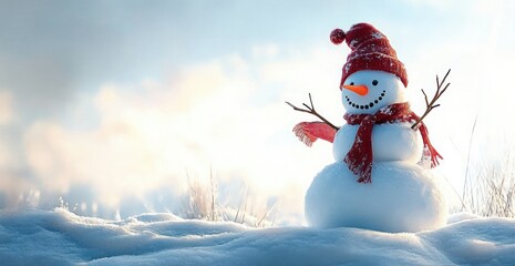 Cheerful snowman wearing a red knitted hat and scarf standing on snow with stick arms against a bright winter sky