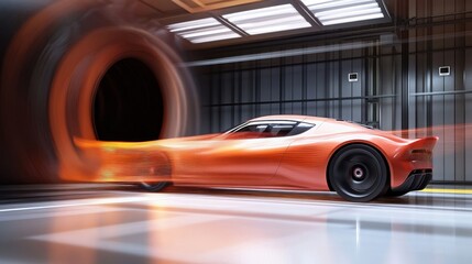 Fototapeta premium fast orange sports car in wind tunnel