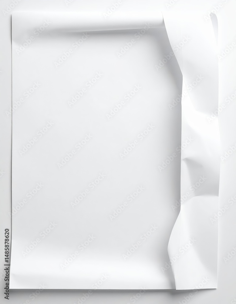 Poster a clean, white paper sheet featuring a gently curled corner, showcasing a smooth texture and subtle 