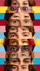 Vertical striped collage of diverse human eyes against multicolored backgrounds. Varied eye colors and expressions visible. Concept of human diversity, emotions, equality.
