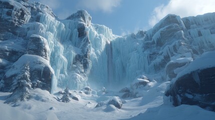 Majestic Frozen Waterfall Surrounded by Snowy Mountains and Icy Cliffs in a Winter Wonderland Landscape