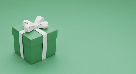 Obraz premium Bow, Present, Surprise, Green Gift Box with White Ribbon on Green Background
