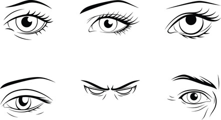 Diverse collection of stylized eyes illustrating various emotions and expressions in black and white