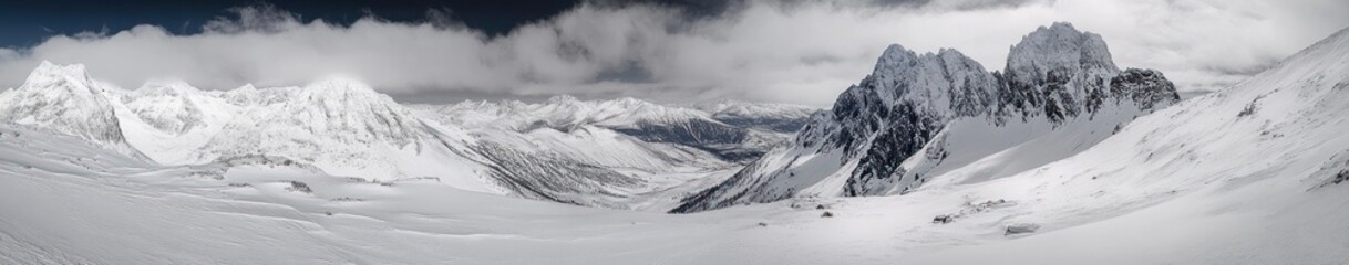Expansive panoramic view of snow-covered mountain range under overcast sky with dense clouds creating dramatic contrast