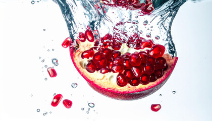 Pomegranate Slice Splashing in Water on White Background – Fresh and Dynamic Fruit Concept