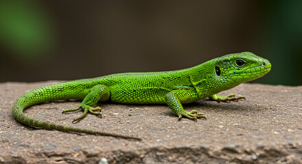 Obraz premium Reptile, Reptile skin, Scaled reptile, Vibrant Green Lizard on Rock