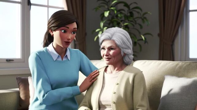 Young Woman Comforting Elderly Woman With Grey Hair on Beige Couch in a Living Room
