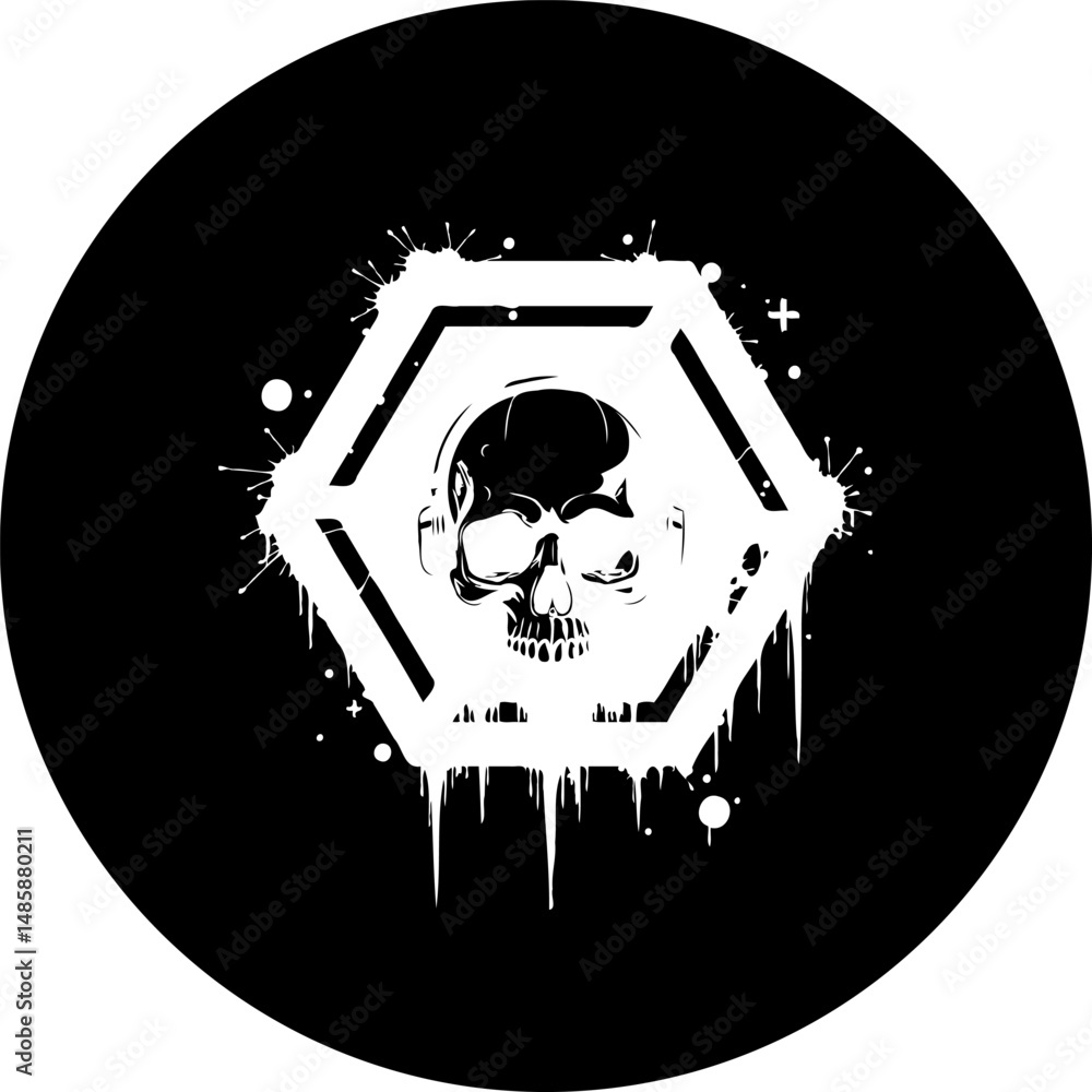 Poster hexagonal skull graphic with splatter design on a circular backdrop art