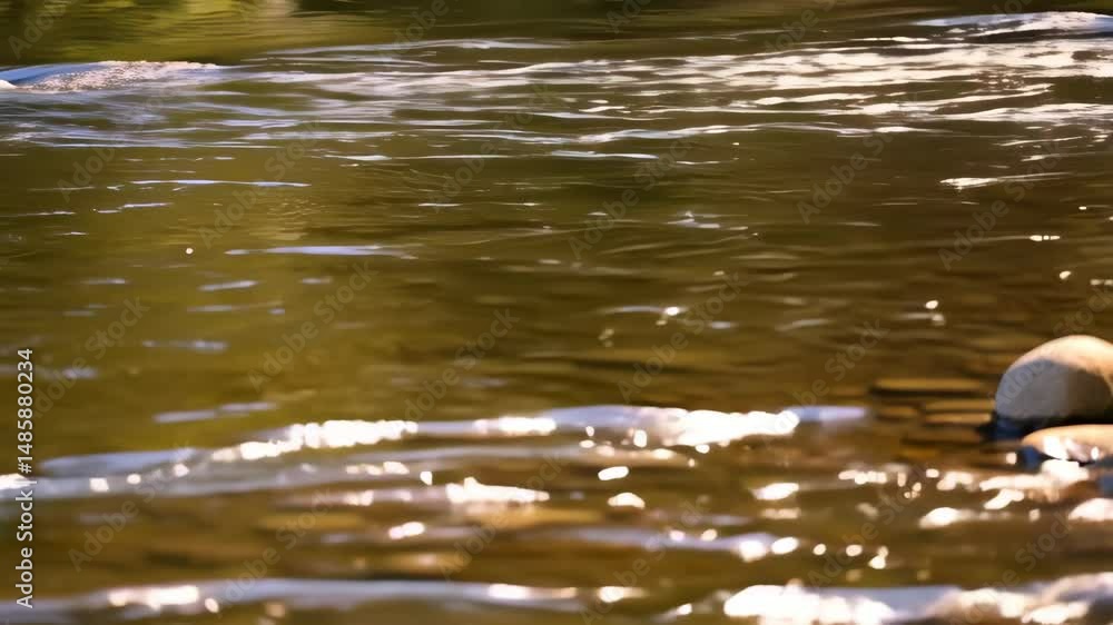 Poster water flows smoothly over rocks in a shallow stream with sunlight reflecting, creating a serene and 