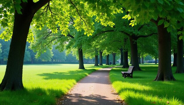 A serene park, perfect for relaxation and quiet contemplation, with benches and lush greenery , oasis, shade, retirement