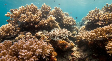 Fototapeta premium Flatfish Resting on Coral Reef in Underwater Scene
