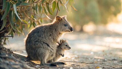 An adult Quokka with a juvenile Quokka nestled close by, both looking towards the right in a natural outdoor environment with blurred green and brown foliage in the background