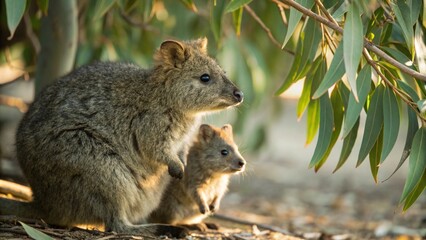Obraz premium Close-up view of an adult Quokka with its young, highlighting their furry texture and proximity, set against a soft, blurred natural background