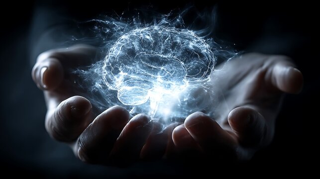 A pair of open hands holds a glowing, brain shaped form with electrical connections.