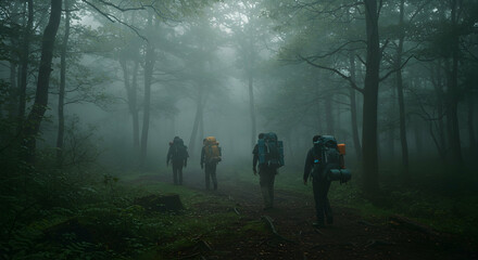 Obraz premium Backpacking, Woods, Misty, Hikers in Foggy Forest