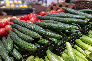 Fresh Cucumbers and Tomatoes at Grocery Store