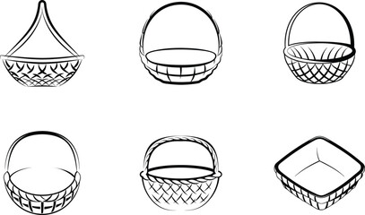 Collection of different woven basket line art illustrations variety of shapes