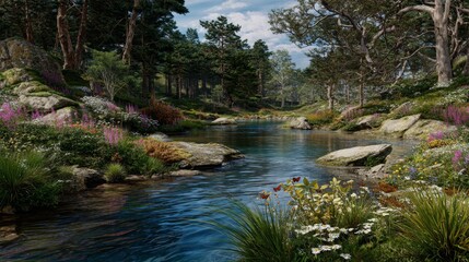 Serene Forest Landscape with Stream, Colorful Flowers, and Lush Greenery in Bright Daylight Under Clear Blue Sky