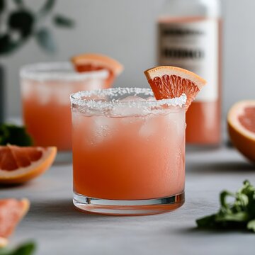Grapefruit paloma cocktail with salt rim, pink tones, minimal white background