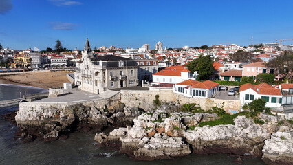 Seixas Palace At Cascais In District Of Lisbon Portugal. Coastal City. Nature Landscape. Beach Scenery. Seixas Palace At Cascais In District Of Lisbon Portugal.  © bydronevideos