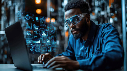 Focused engineer wearing smart glasses reviews digital data on laptop, surrounded by futuristic holographic graphs in high tech environment