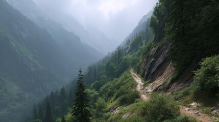 Fototapeta premium Serene Mountain Landscape with Mist and Lush Greenery in a Tranquil Nature Setting