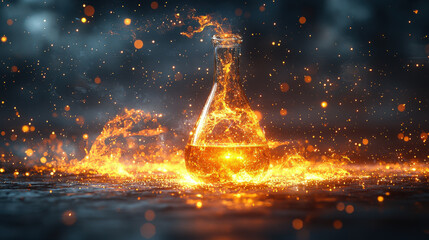 Obraz premium Glass flask with glowing liquid inside represents magical or scientific experiment, surrounded by fiery sparks and dark, atmospheric background
