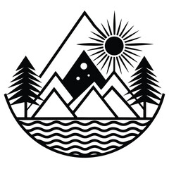 Minimalist Black Nature Icons With Mountains Tre