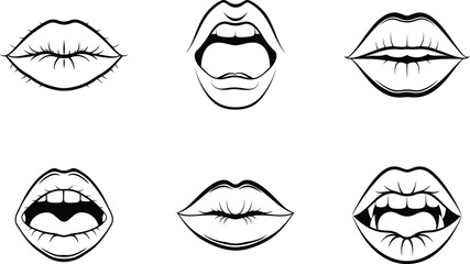Vector illustration collection of different mouth and lips expressions in black and white