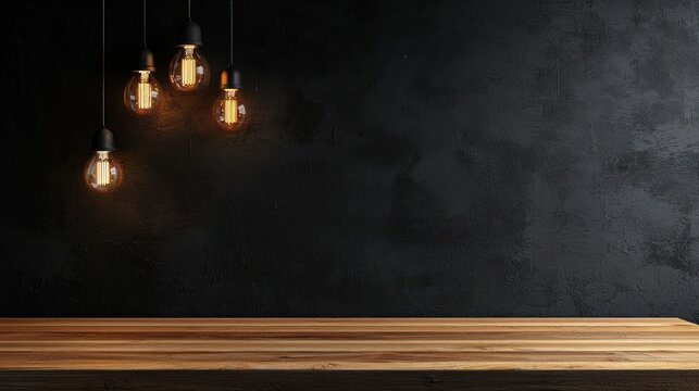 A wooden table with a dark, textured background, featuring a hanging light bulb with a warm glow.