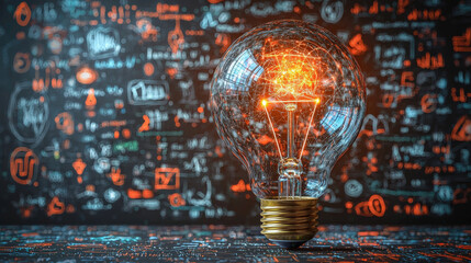 Glowing light bulb stands against chalkboard filled with colorful sketches and formulas, symbolizing innovation and creativity. scene conveys sense of inspiration and intellectual energy