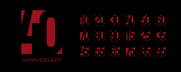 Geometric Red Anniversary Number Set on Black Background Featuring Modern Typography for Milestones from 10 to 95 Years. Ideal for Celebrations, Events, and Branding. Vector Illustration.