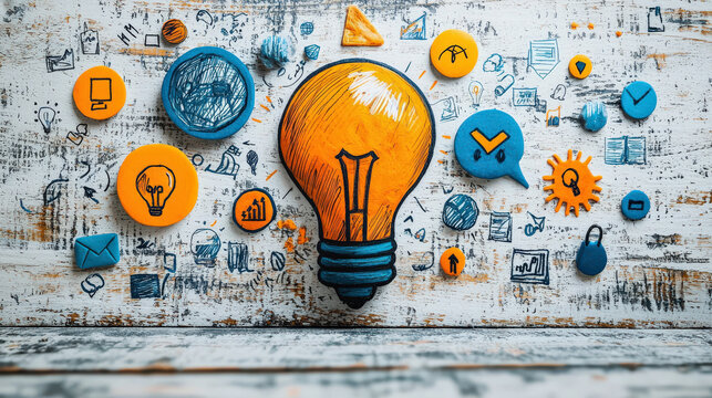 Vibrant illustration of light bulb surrounded by various icons representing ideas, technology, and communication on textured background. scene conveys creativity and innovation