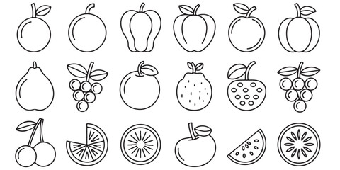 Collection of Line black vector various Art Fruit Icons, Line Art Fruit Icons Set Apples, Oranges, Cherries, Grapes