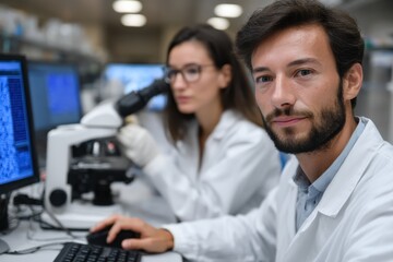 Naklejka premium A dedicated scientist operates a microscope in a bustling lab environment, emphasizing the collaborative aspect of research and the pursuit of knowledge in science.