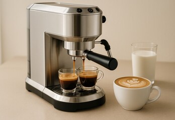 Elegant Home Coffee Setup with Espresso Machine, Latte Art, and Fresh Milk in Minimalist Kitchen