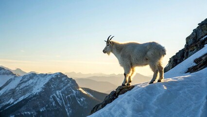 Fototapeta premium Close-up view of a mountain goat on a snowy mountain ridge, highlighting its thick white coat and impressive horns, set against a vast backdrop of rugged mountain peaks