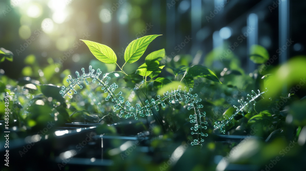 Poster 3d render of genetic engineering and gmo concept in a tech-driven scientific layout